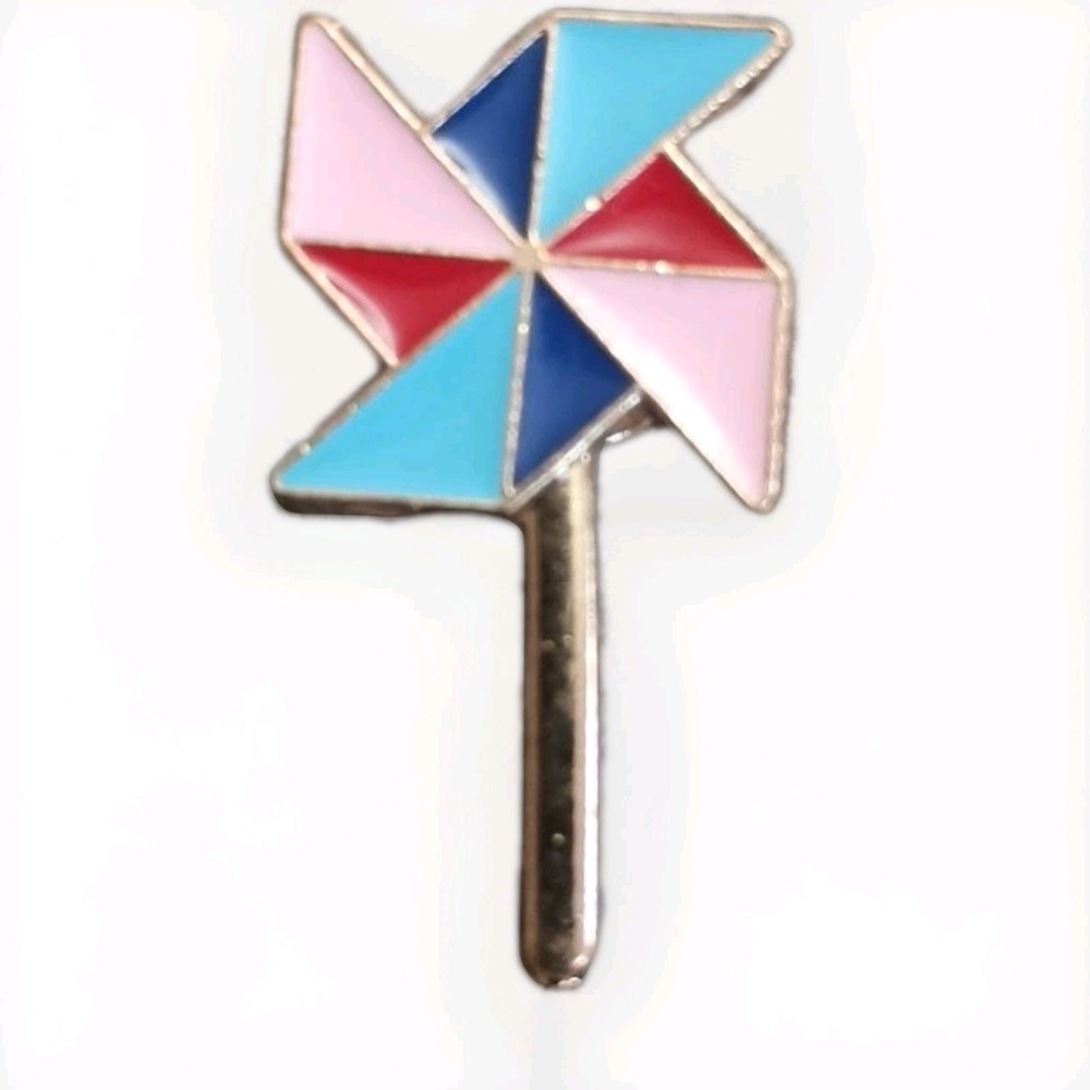 Blue Red Pink Enamel Pinwheel Gold Tone Lapel Pin Made in USA